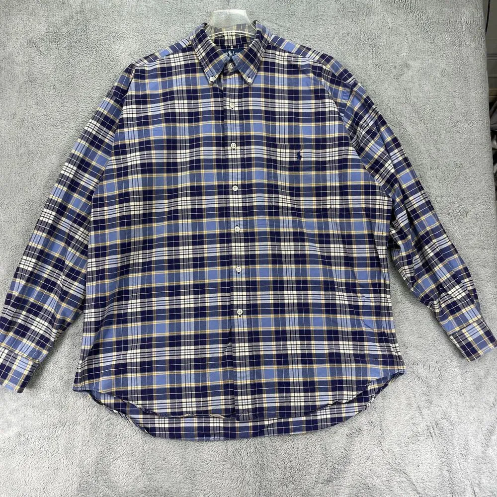 Ralph Lauren Big Shirt Mens Large Blue Plaid Cotton Pony Logo Button-Down‎